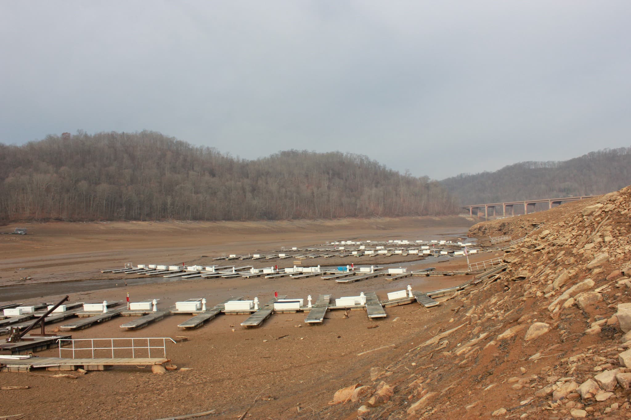 Marina docks grounded on exposed lakebed during the 2024 drought