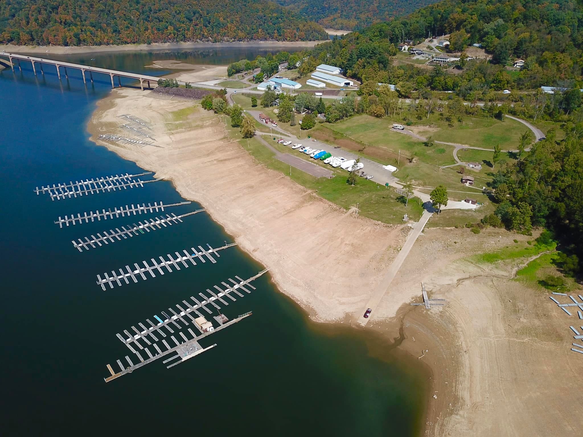 Aerial view of Yough Lake Marina during the 2024 drought showing water receding from the docks